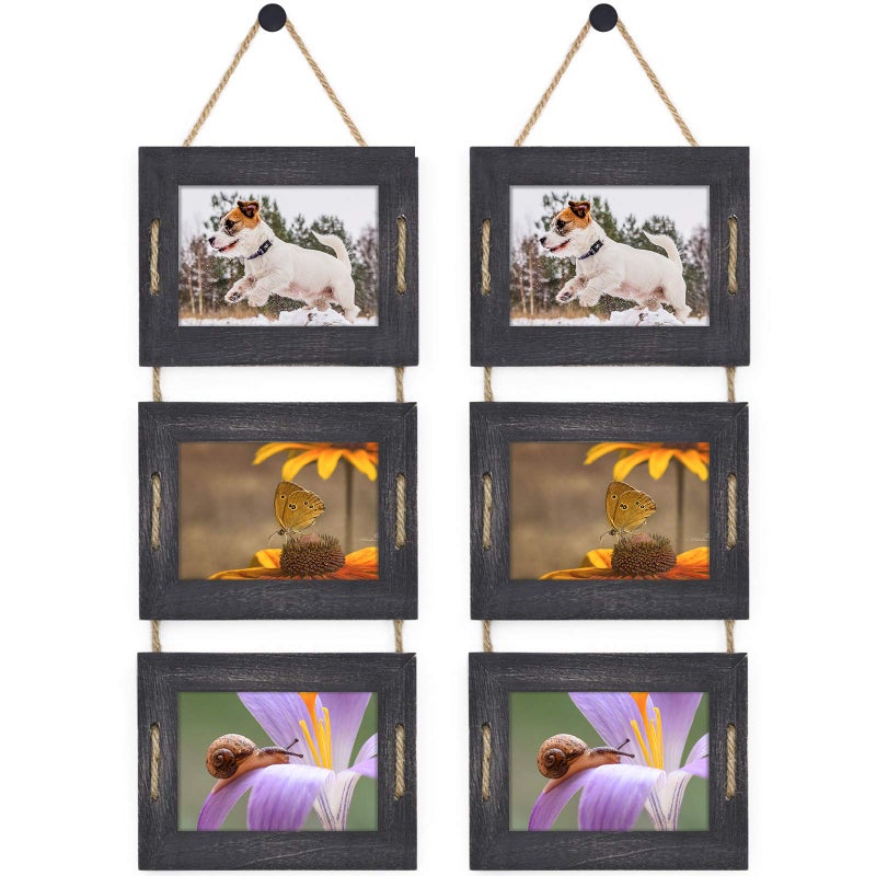 DLQuarts 5x7 Hanging Picture Frames Collage Wall Decor, 3-Opening Photo Frames Set, 3.5x5 with Mat or 5x7 Without Mat, Rustic Solid Wood Photo Frame Pack of 2, Weathered Black - Image 1